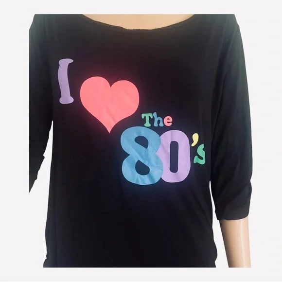 Vintage casual black top shirt L scooped neck line 3/4 ruched sleeve/hem graphic - Picture 2 of 12